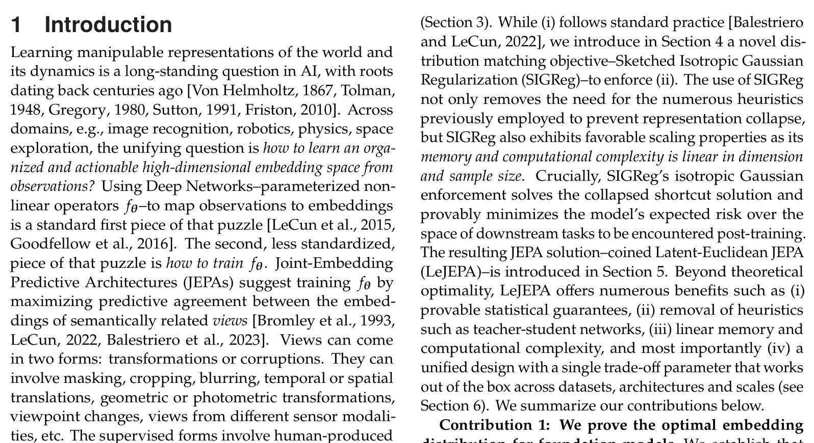 Figure 2 — SIGReg 三面板示意图：左侧任意输入分布 pxp_x（可能在流形上）→ encoder fθf_\theta → 中间嵌入云 pzp_z 与随机投影方向 aa → 右侧每个方向上的一维边缘密度（彩色）必须匹配目标分布在同方向上的投影（黑色高斯）