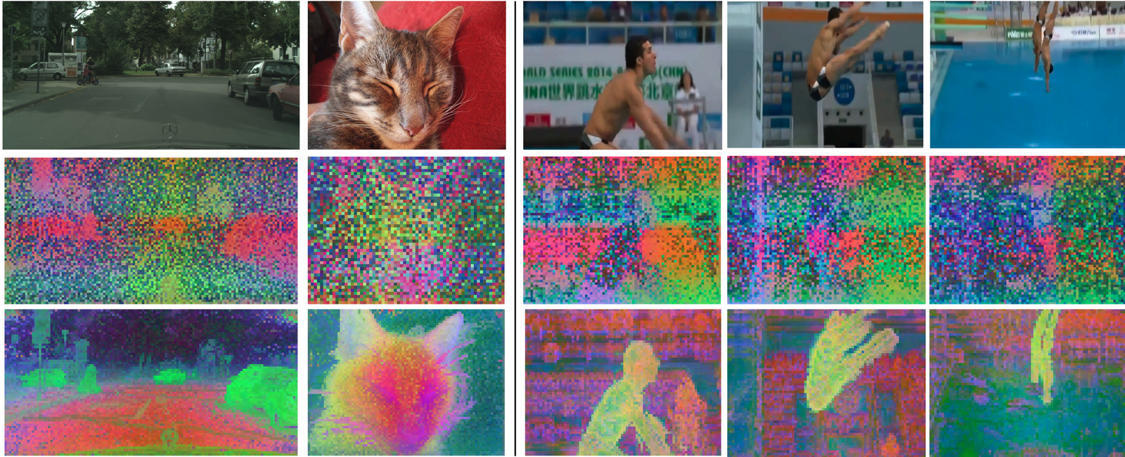 Figure 1: PCA visualization comparing V-JEPA 2 and V-JEPA 2.1 features. V-JEPA 2’s features collapse into spatially uniform representations, while V-JEPA 2.1 produces spatially coherent, semantically consistent dense features.